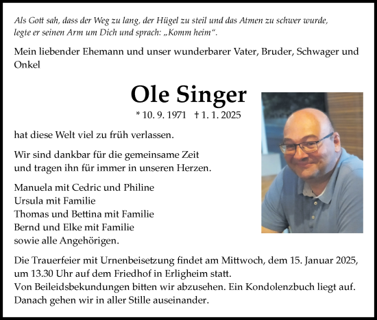 Traueranzeige von Ole Singer von Bietigheimer Zeitung