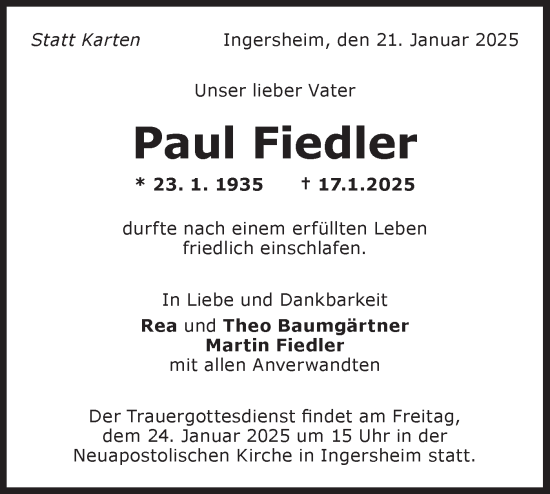 Traueranzeige von Paul Fiedler von Bietigheimer Zeitung