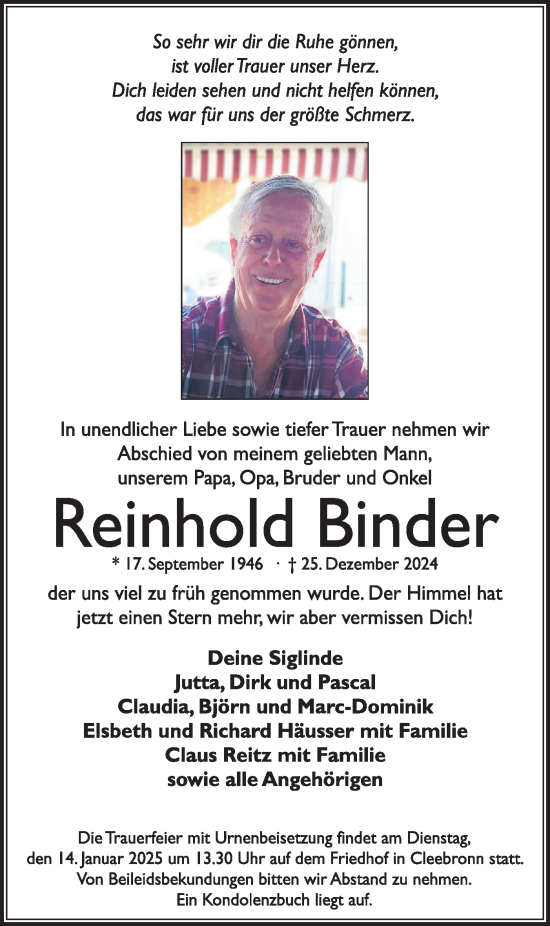 Traueranzeige von Reinhold Binder von Bietigheimer Zeitung