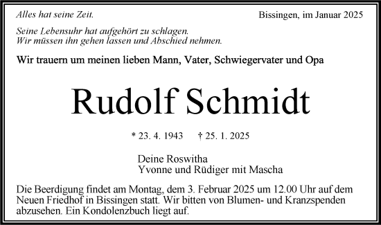 Traueranzeige von Rudolf Schmidt von Bietigheimer Zeitung