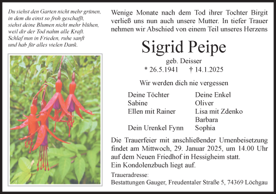 Traueranzeige von Sigrid Peipe von Bietigheimer Zeitung