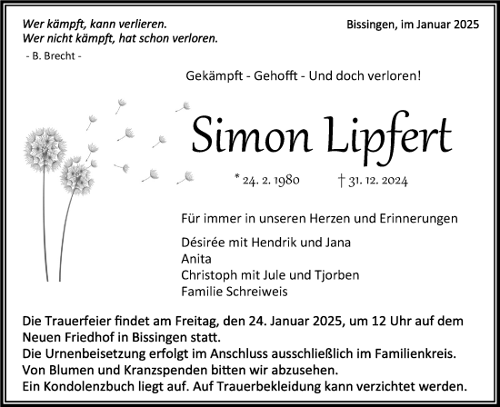 Traueranzeige von Simon Lipfert von Bietigheimer Zeitung