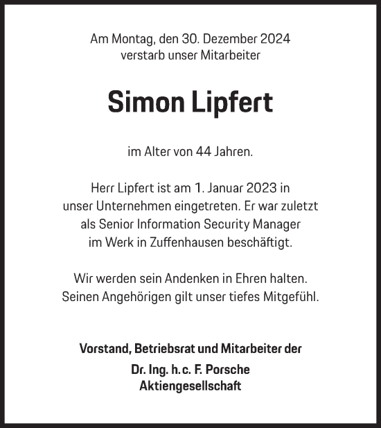 Traueranzeige von Simon Lipfert von Bietigheimer Zeitung