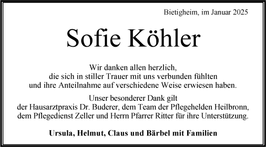 Traueranzeige von Sofie Köhler von Bietigheimer Zeitung