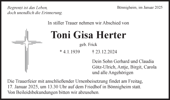 Traueranzeige von Toni Gisa Herter von Bietigheimer Zeitung