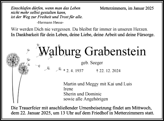 Traueranzeige von Walburg Grabenstein von Bietigheimer Zeitung