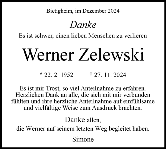 Traueranzeige von Werner Zelewski von Bietigheimer Zeitung