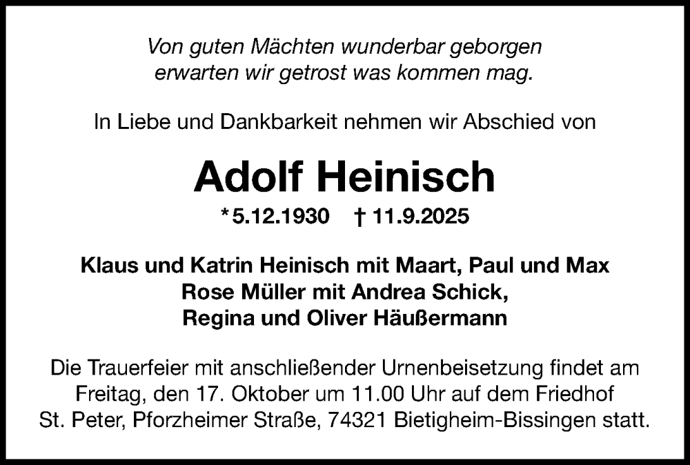  Traueranzeige für Adolf Heinisch vom 11.10.2025 aus Bietigheimer Zeitung