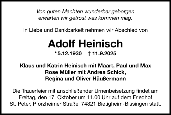 Traueranzeige von Adolf Heinisch von Bietigheimer Zeitung