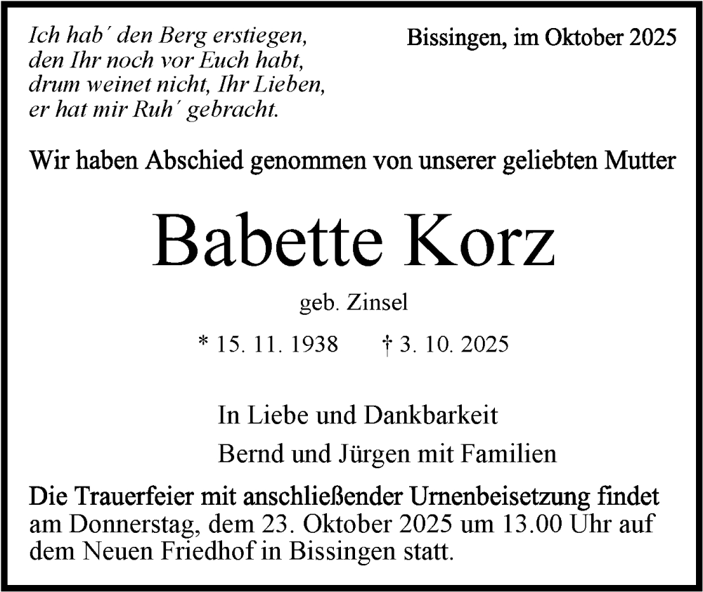  Traueranzeige für Babette Korz vom 16.10.2025 aus Bietigheimer Zeitung