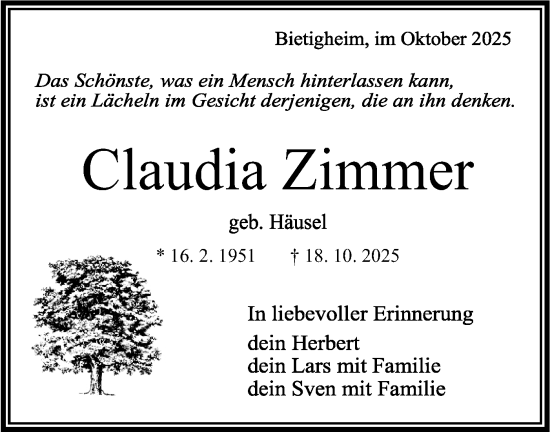 Traueranzeige von Claudia Zimmer von Bietigheimer Zeitung