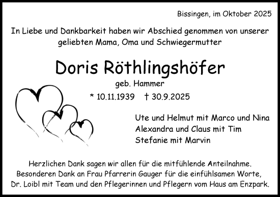 Traueranzeige von Doris Röthlingshöfer von Bietigheimer Zeitung