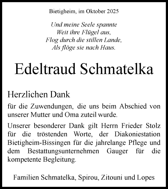 Traueranzeige von Edeltraud Schmatelka von Bietigheimer Zeitung