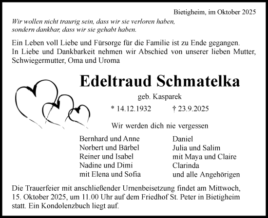 Traueranzeige von Edeltraud Schmatelka von Bietigheimer Zeitung