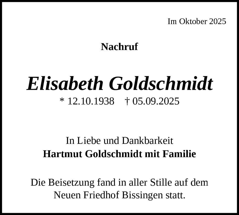  Traueranzeige für Elisabeth Goldschmidt vom 08.10.2025 aus Bietigheimer Zeitung