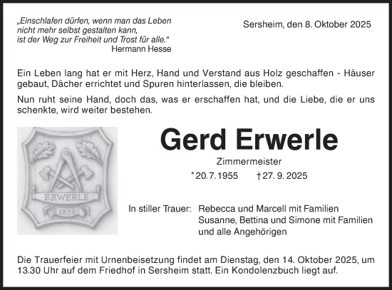 Traueranzeige von Gerd Erwerle von Bietigheimer Zeitung