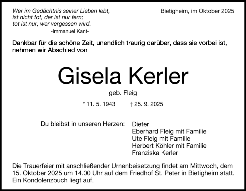  Traueranzeige für Gisela Kerler vom 11.10.2025 aus Bietigheimer Zeitung