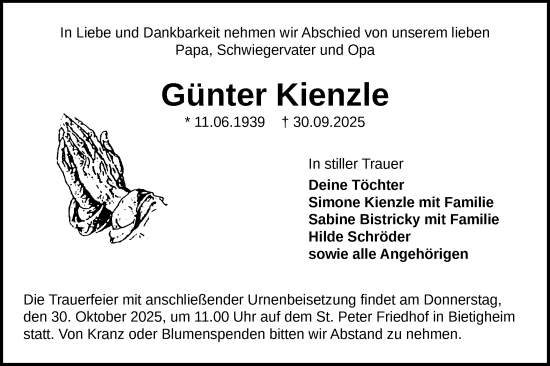 Traueranzeige von Günter Kienzle von Bietigheimer Zeitung