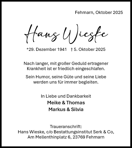 Traueranzeige von Hans Wieske von Bietigheimer Zeitung