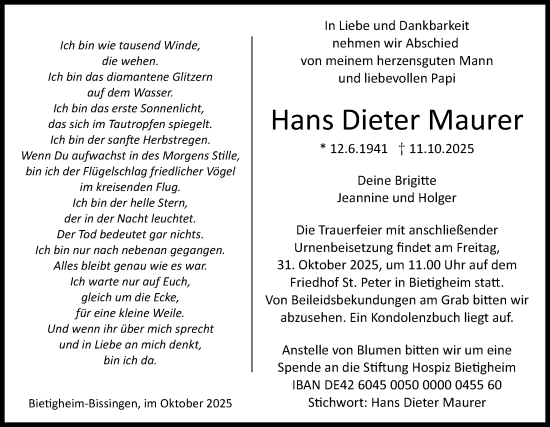 Traueranzeige von Hans Dieter Maurer von Bietigheimer Zeitung