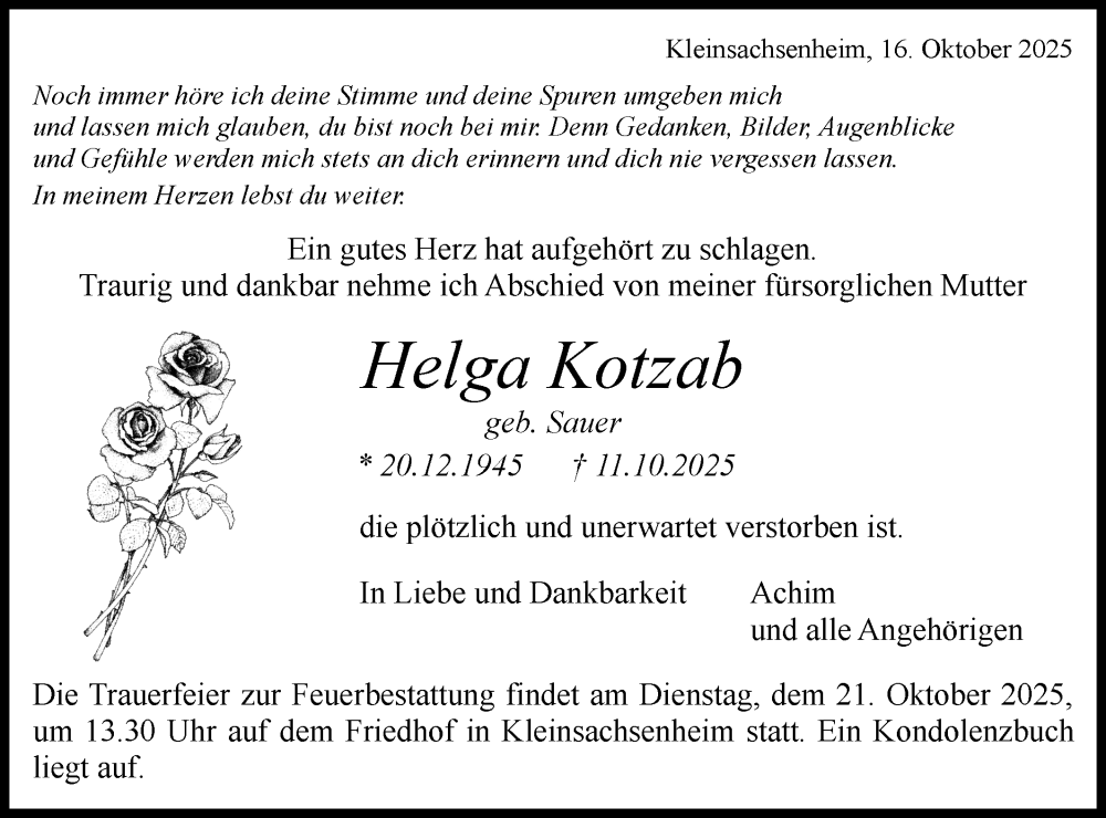  Traueranzeige für Helga Kotzab vom 16.10.2025 aus Bietigheimer Zeitung