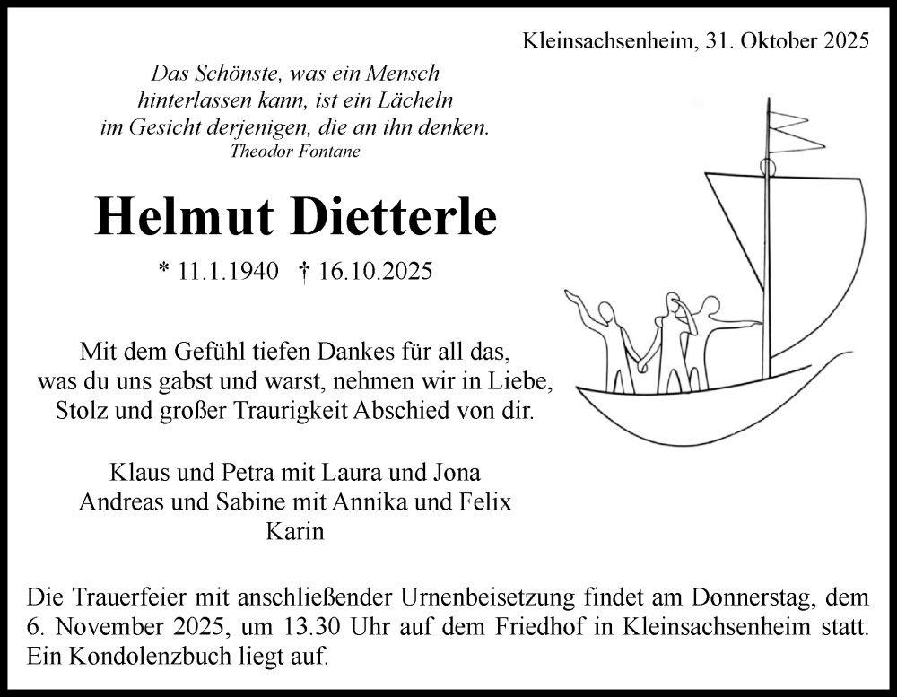  Traueranzeige für Helmut Dietterle vom 31.10.2025 aus Bietigheimer Zeitung
