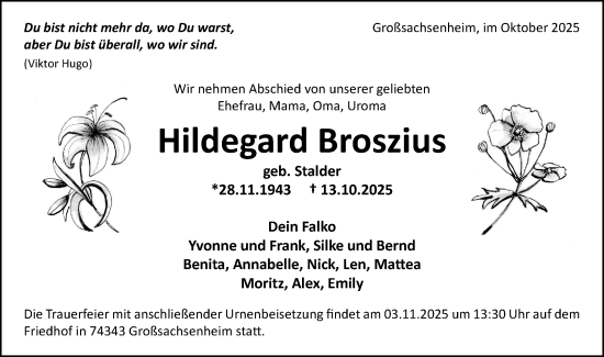 Traueranzeige von Hildegard Broszius von Bietigheimer Zeitung