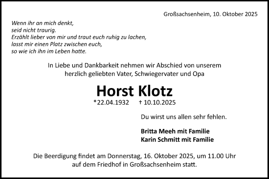Traueranzeige von Horst Klotz von Bietigheimer Zeitung