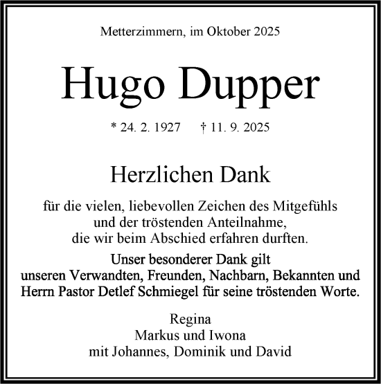 Traueranzeige von Hugo Dupper von Bietigheimer Zeitung