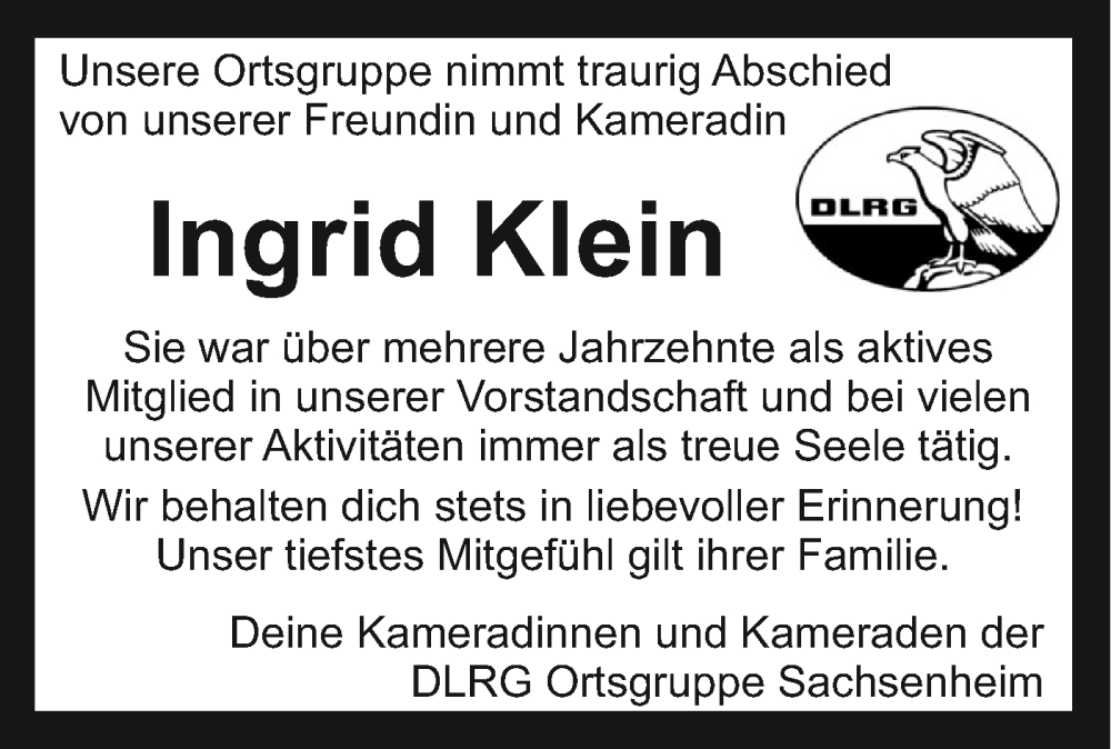  Traueranzeige für Ingrid Klein vom 24.10.2025 aus Bietigheimer Zeitung