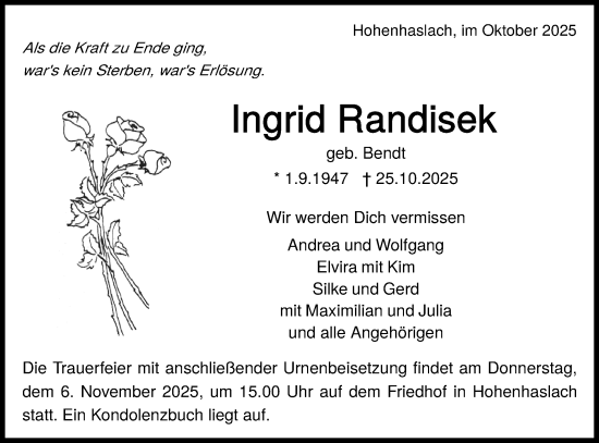 Traueranzeige von Ingrid Randisek von Bietigheimer Zeitung