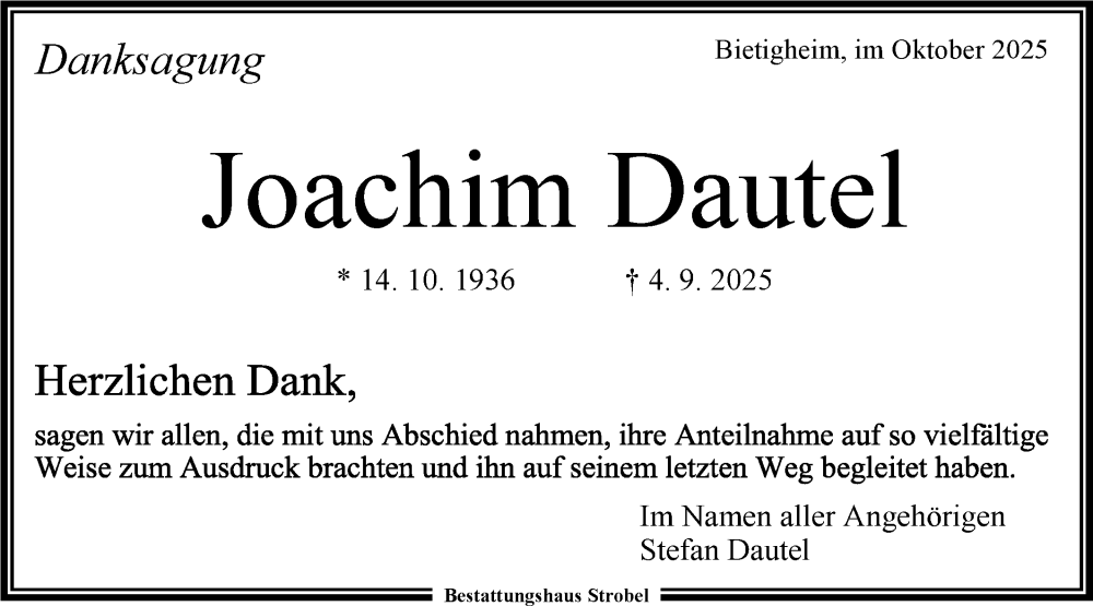  Traueranzeige für Joachim Dautel vom 11.10.2025 aus Bietigheimer Zeitung