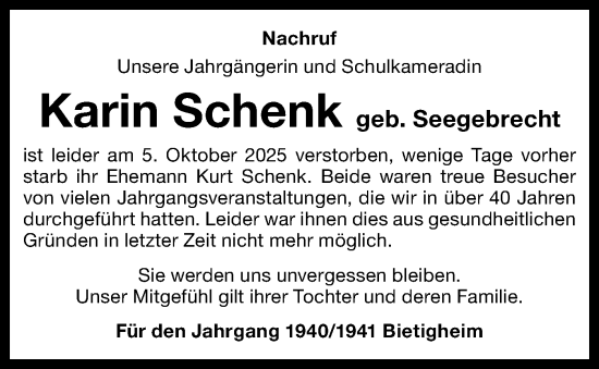 Traueranzeige von Karin Schenk von Bietigheimer Zeitung