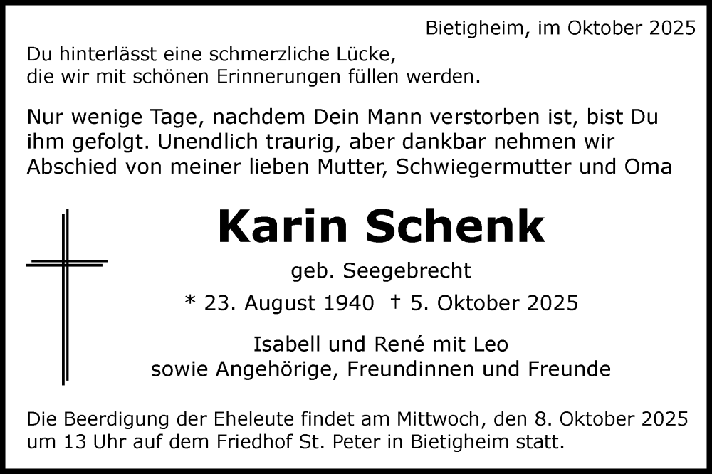  Traueranzeige für Karin Schenk vom 07.10.2025 aus Bietigheimer Zeitung