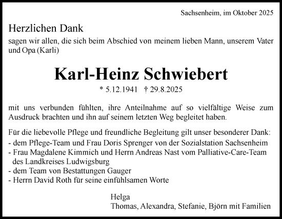 Traueranzeige von Karl-Heinz Schwiebert von Bietigheimer Zeitung