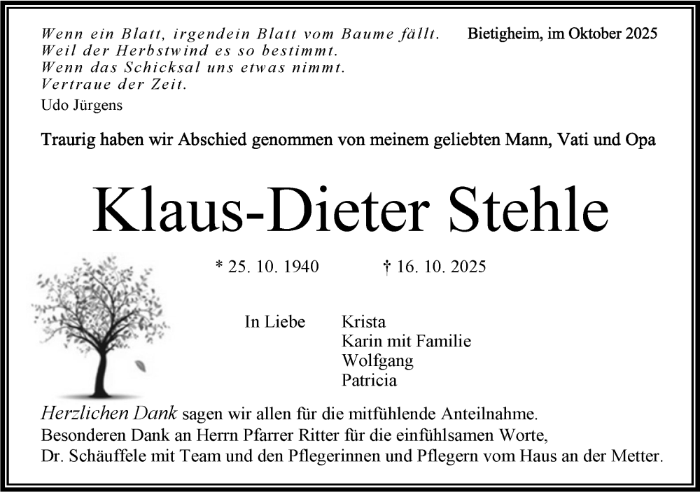  Traueranzeige für Klaus-Dieter Stehle vom 25.10.2025 aus Bietigheimer Zeitung