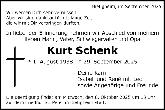 Traueranzeige von Kurt Schenk von Bietigheimer Zeitung