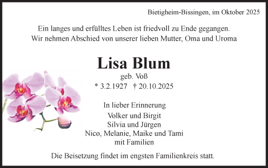 Traueranzeige von Lisa Blum von Bietigheimer Zeitung