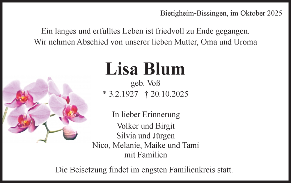  Traueranzeige für Lisa Blum vom 25.10.2025 aus Bietigheimer Zeitung