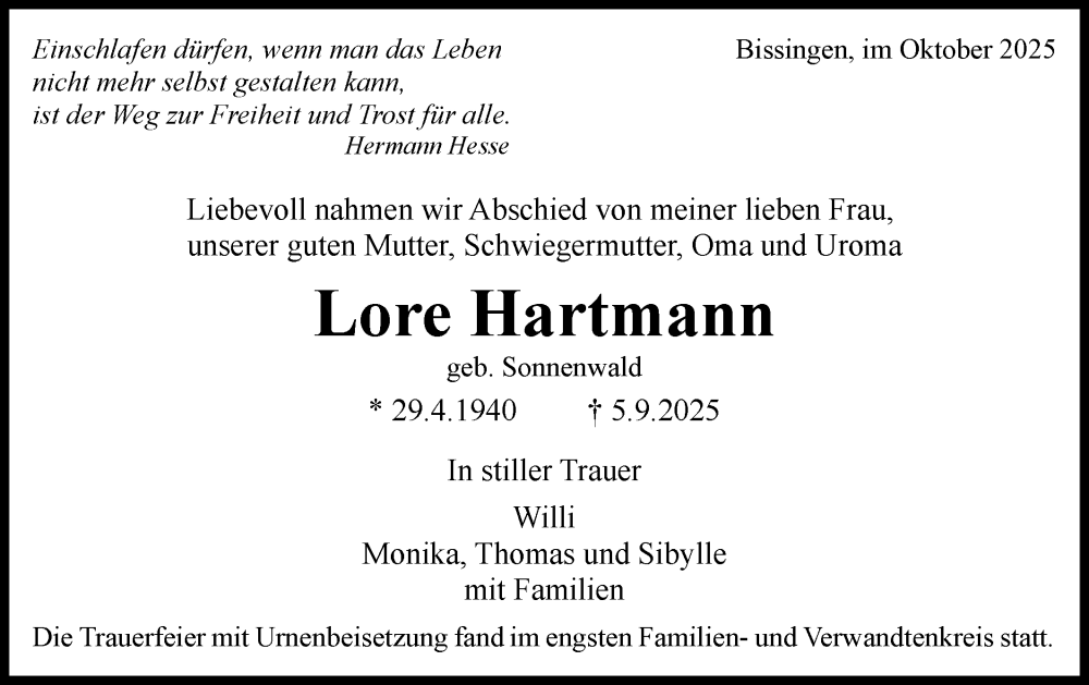  Traueranzeige für Lore Hartmann vom 11.10.2025 aus Bietigheimer Zeitung