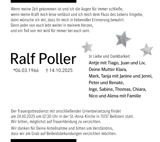 Traueranzeige von Ralf Poller von Bietigheimer Zeitung