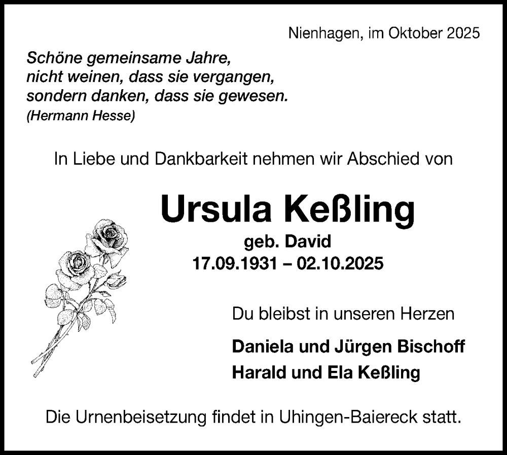  Traueranzeige für Ursula Keßling vom 11.10.2025 aus Bietigheimer Zeitung
