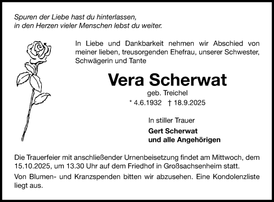 Traueranzeige von Vera Scherwat von Bietigheimer Zeitung