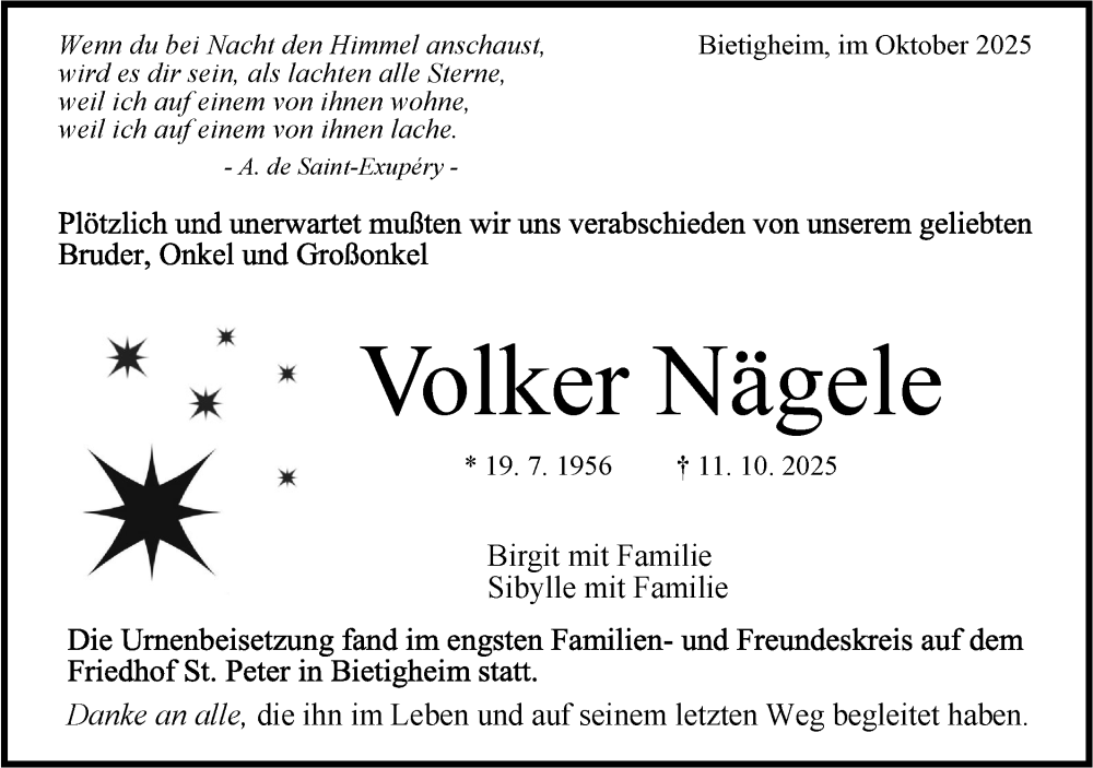  Traueranzeige für Volker Nägele vom 28.10.2025 aus Bietigheimer Zeitung