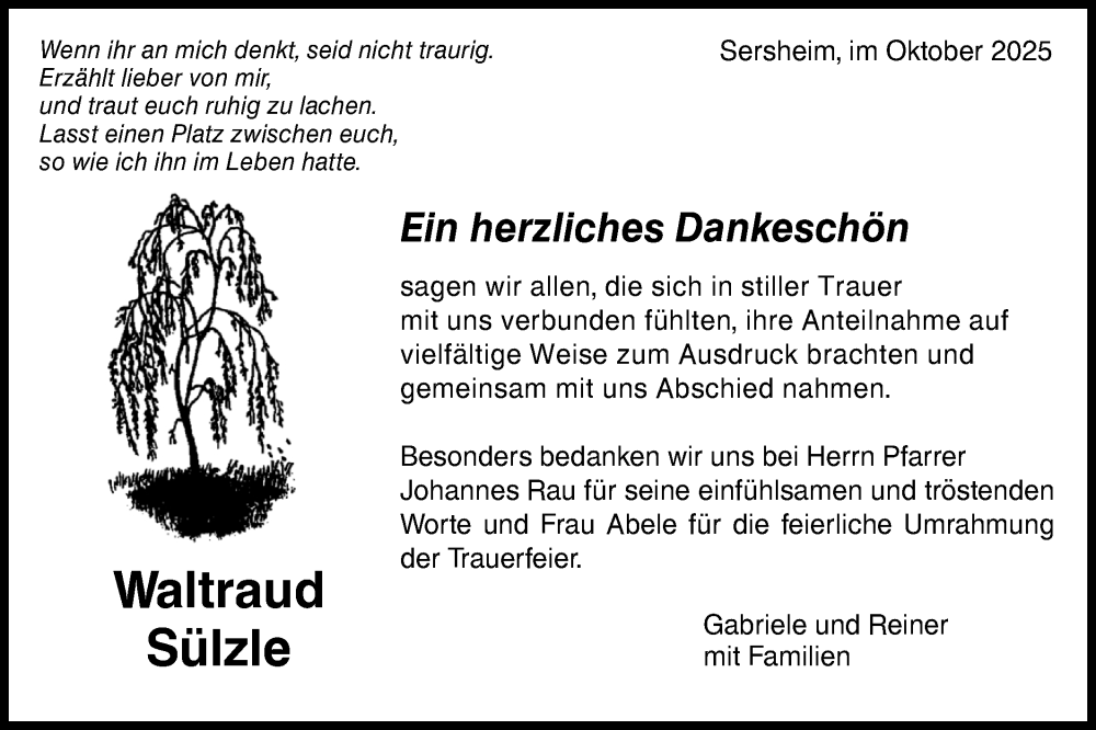  Traueranzeige für Waltraud Sülzle vom 15.10.2025 aus Bietigheimer Zeitung