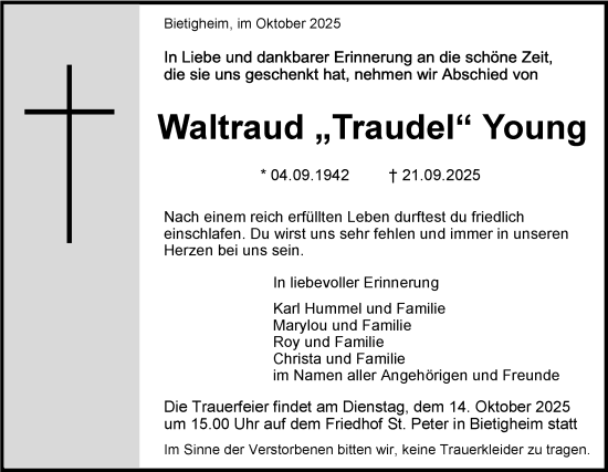 Traueranzeige von Waltraud Young von Bietigheimer Zeitung