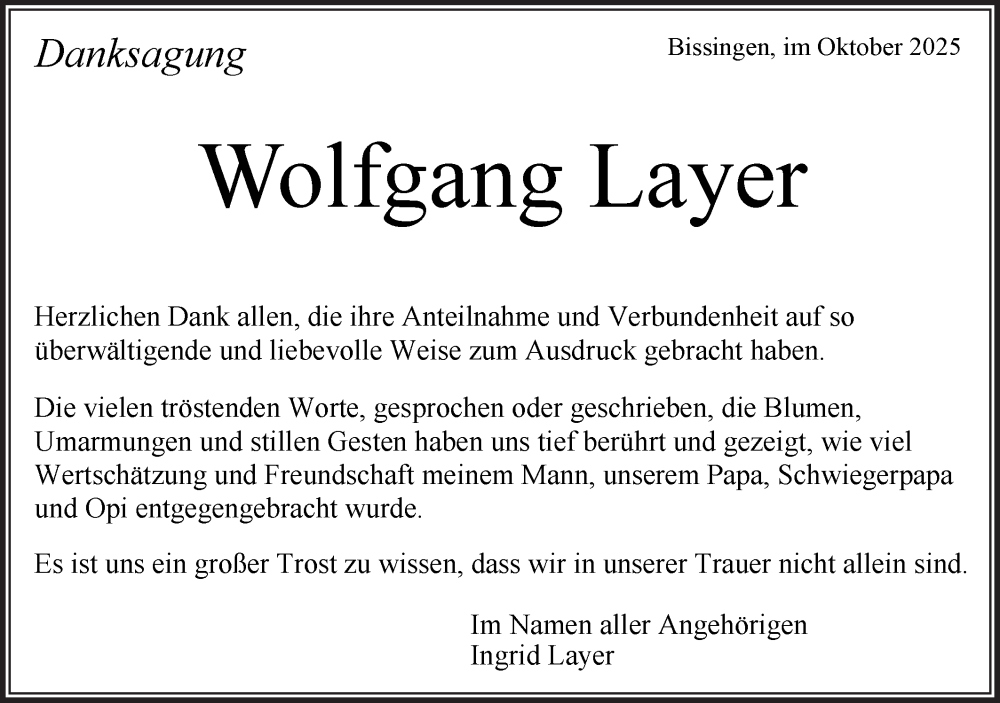  Traueranzeige für Wolfgang Layer vom 06.10.2025 aus Bietigheimer Zeitung