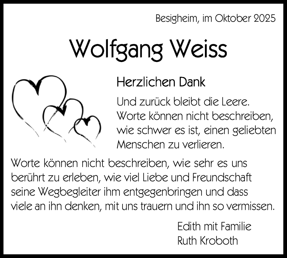  Traueranzeige für Wolfgang Weiß vom 02.10.2025 aus Bietigheimer Zeitung