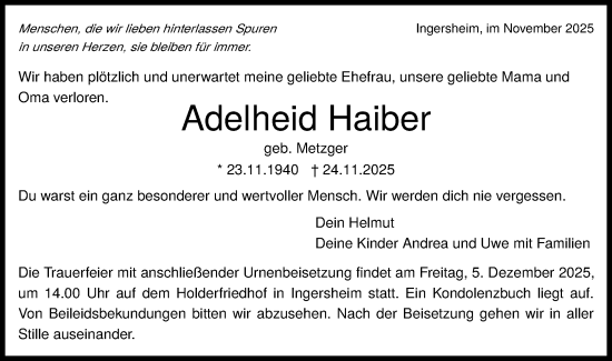 Traueranzeige von Adelheid Haiber von Bietigheimer Zeitung