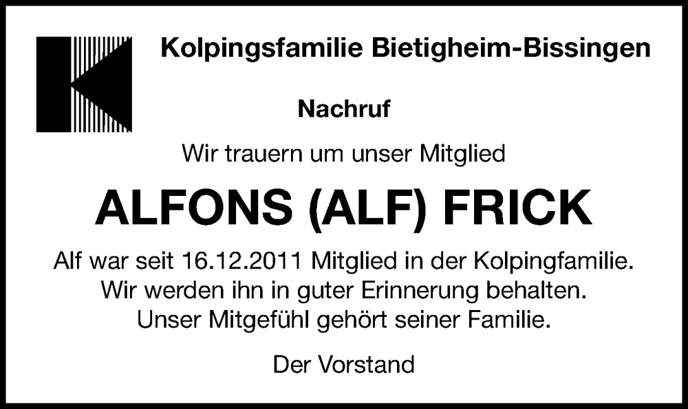  Traueranzeige für Alfons Frick vom 27.11.2025 aus Bietigheimer Zeitung